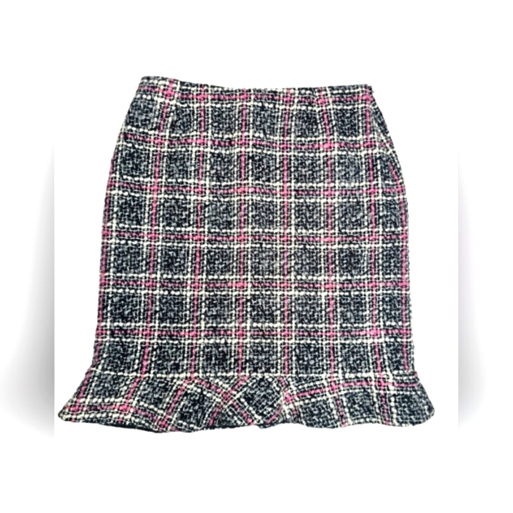 INC International Tweed Pink White & Black Plaid Ruffle Pencil Business Skirt - Picture 2 of 6